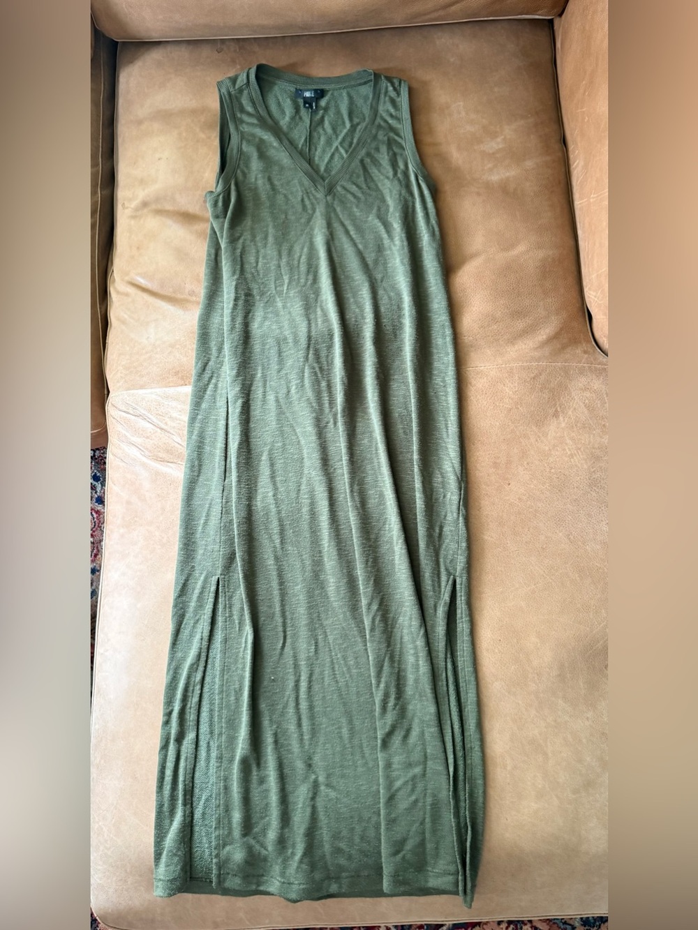 PAIGE Sage Midi Tank Dress M Olive Green V Neck Sleeveless Side Slit Maxi